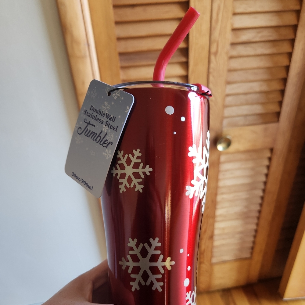 Christmas Stainless Steel Double Wall Tumbler Cup With Straw Snowflakes Red NWT